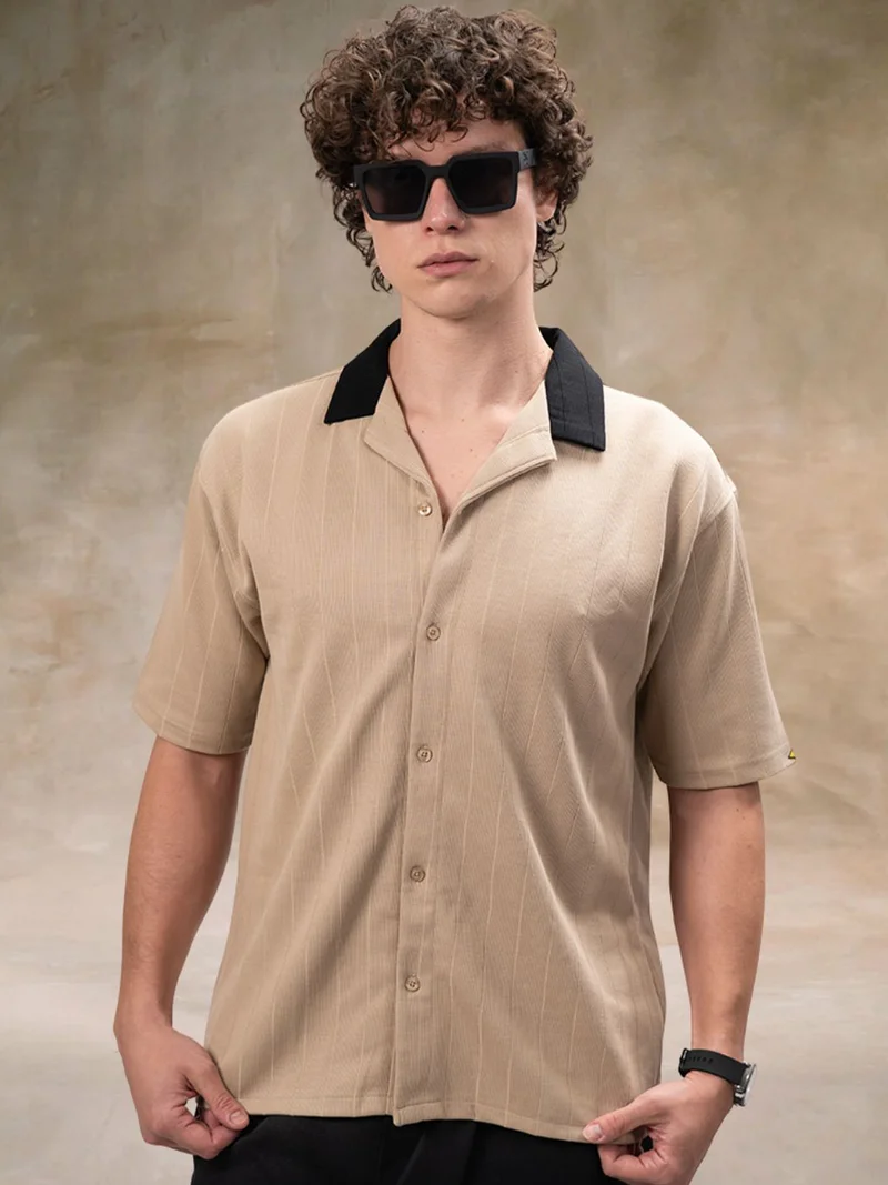 مانياك Maniac Mens Brooklyn Texture Collared Neck Full Sleeve Biscuit Cotton Shirt